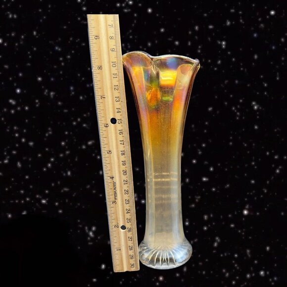 Mid Century Carnival Swun Ribbed Vase Iridescent Glass Vase Marigold 8.5”T 3”W - Picture 2 of 11